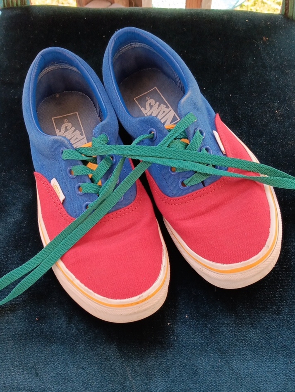 Womens Vans Or Kids Red and Blue Canvas Skate Sneakers with Green Laces